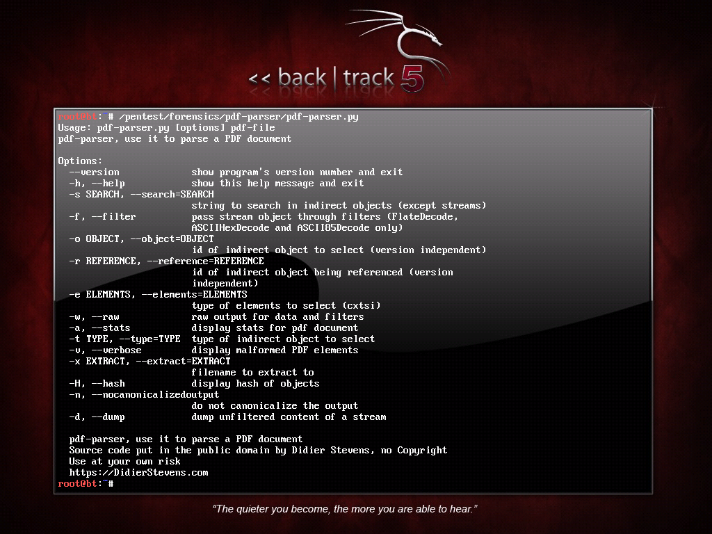 BackTrack 5 Includes PDFiD and pdf-parser | Didier Stevens